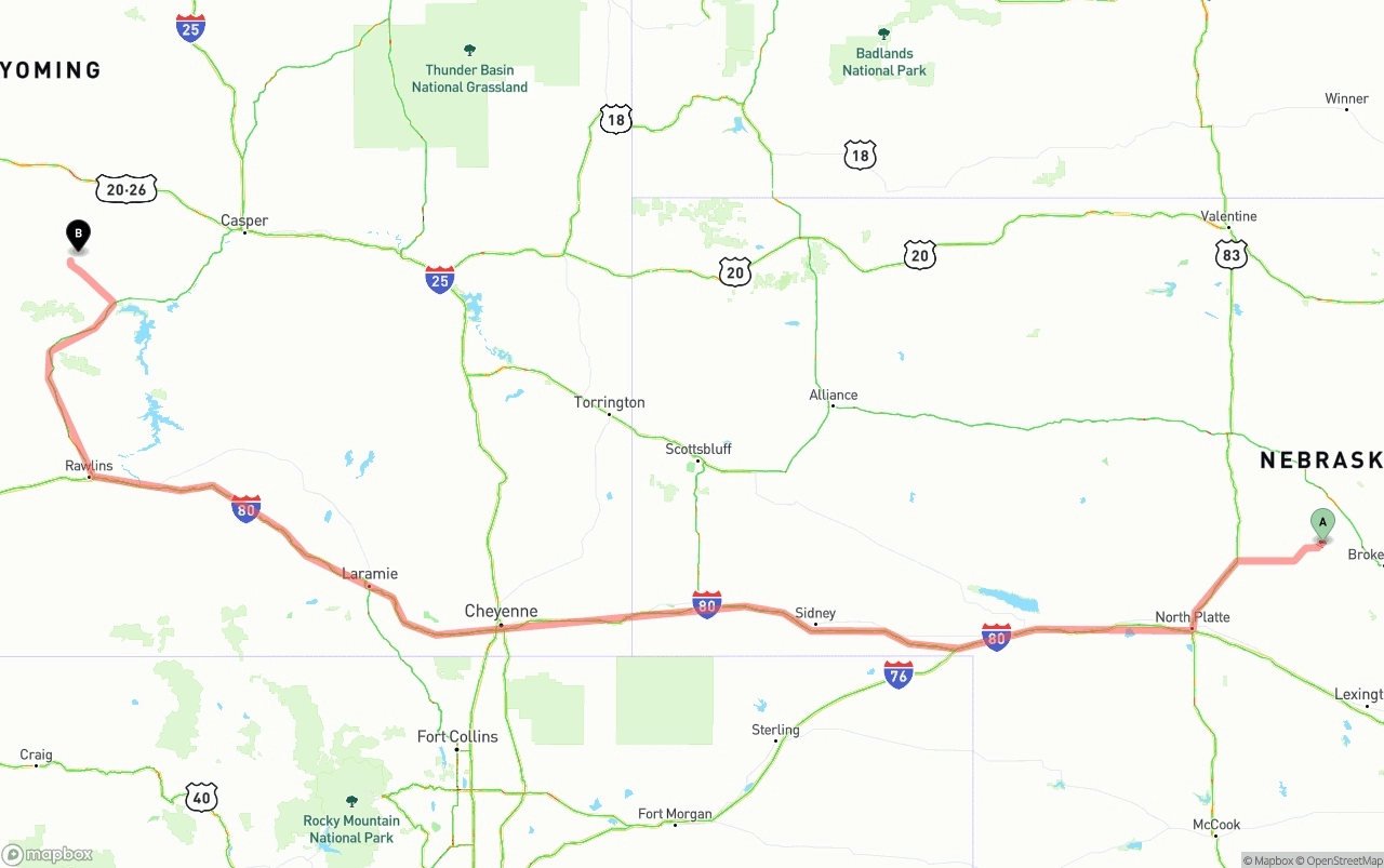 Shipping route from Nebraska to Wyoming