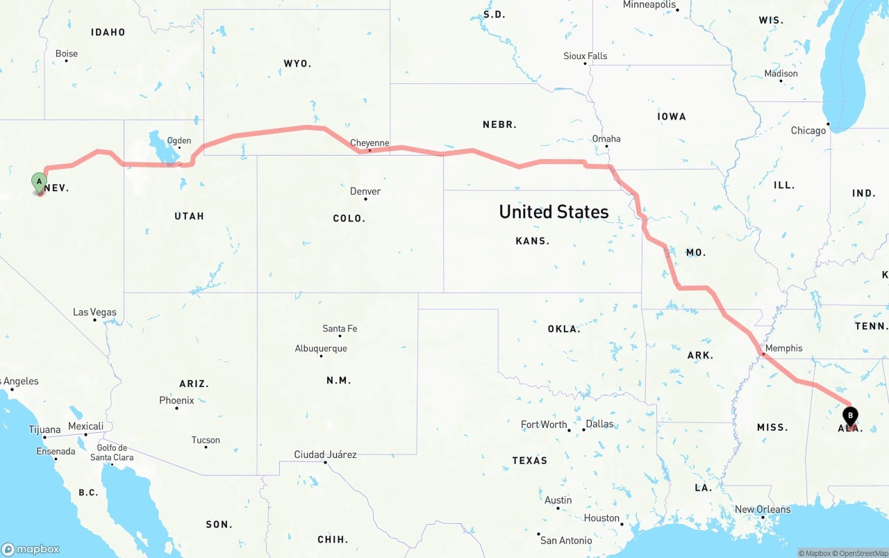Shipping route from Nevada to Alabama