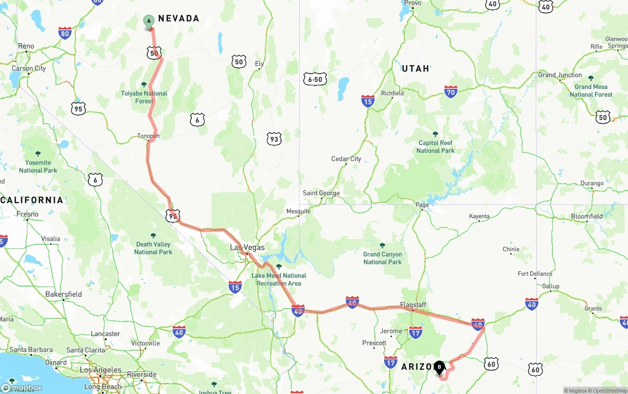 Shipping route from Nevada to Arizona