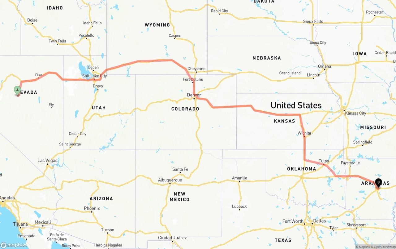 Shipping route from Nevada to Arkansas
