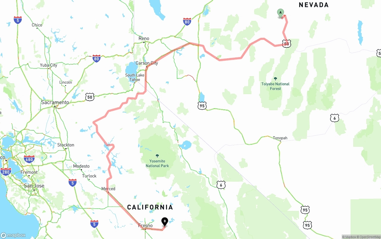 Shipping route from Nevada to California