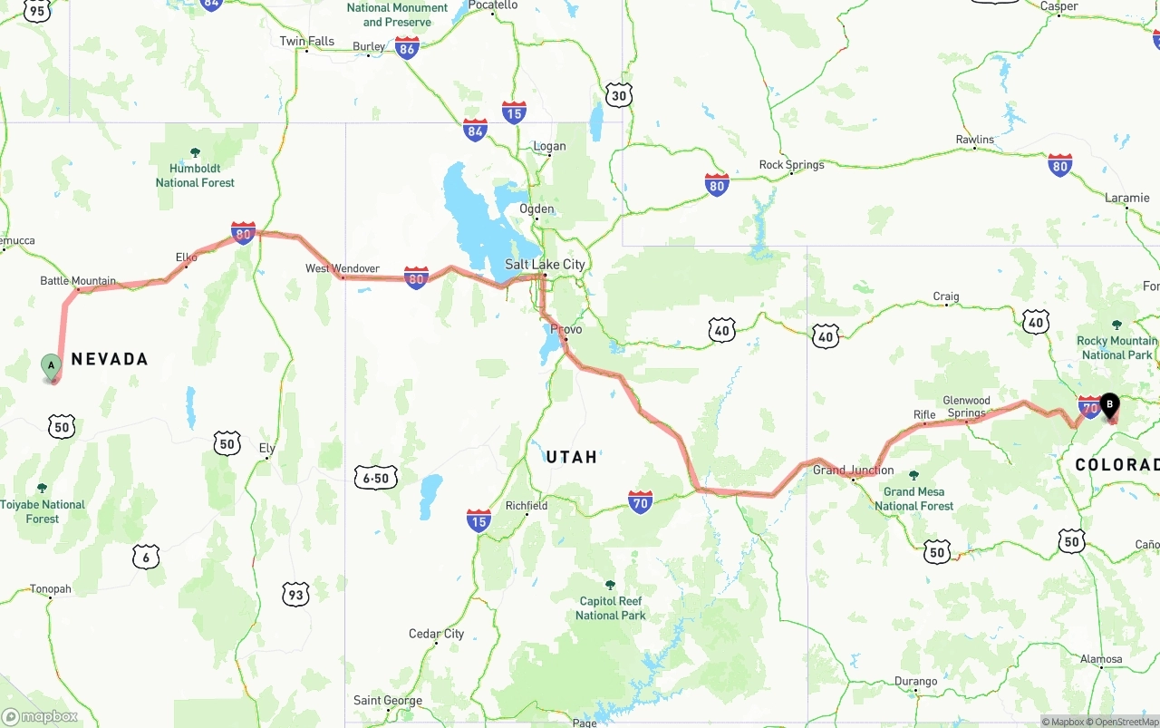 Shipping route from Nevada to Colorado