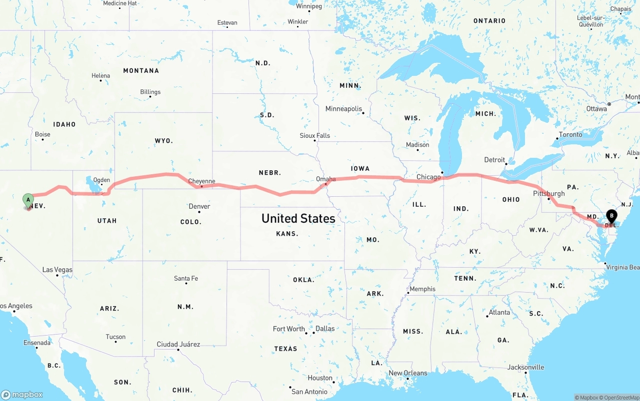 Shipping route from Nevada to Delaware
