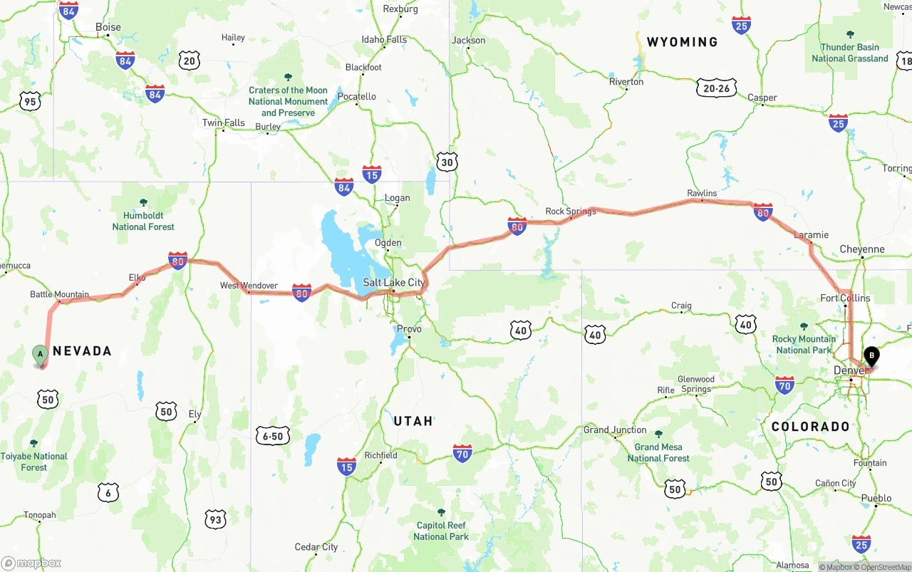 Shipping route from Nevada to Denver International Airport