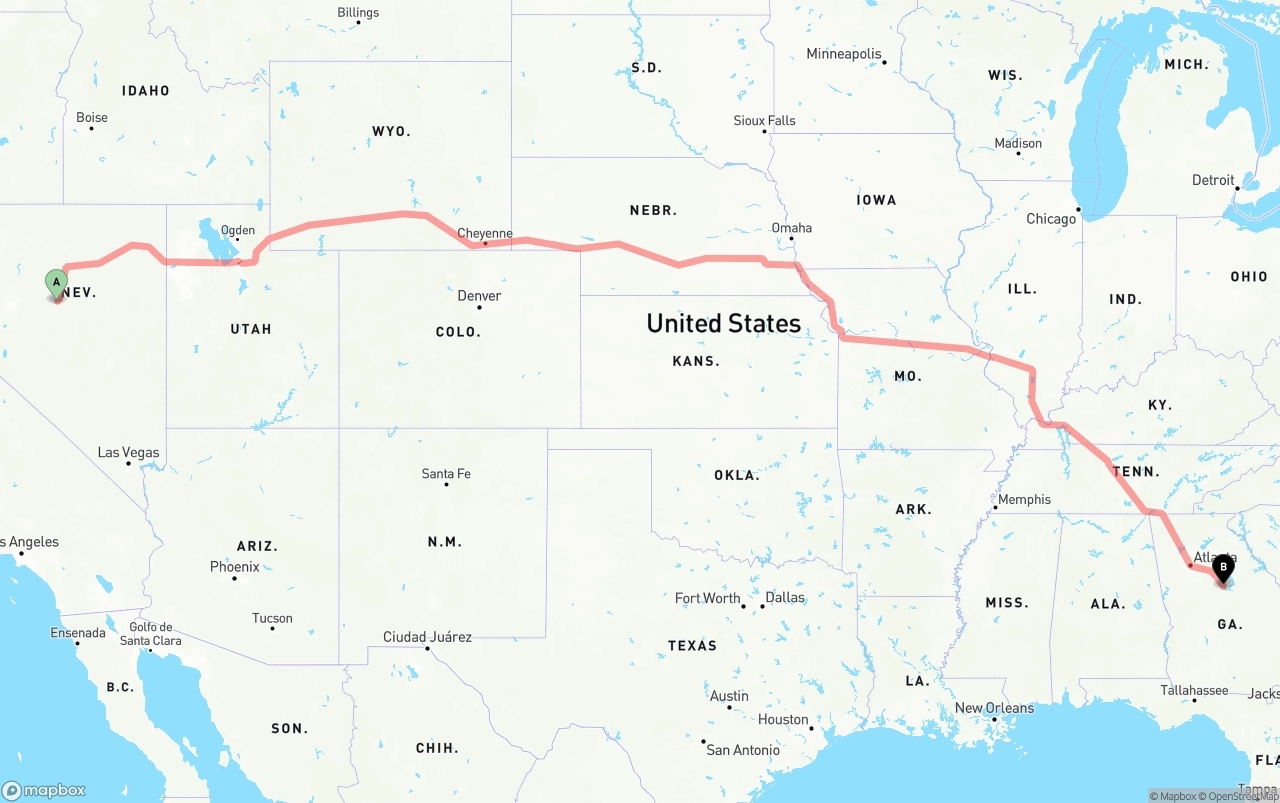 Shipping route from Nevada to Georgia