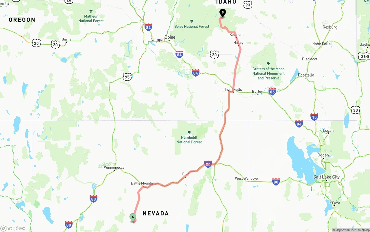Shipping route from Nevada to Idaho