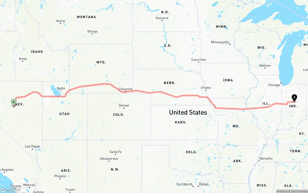 Shipping route from Nevada to Indiana