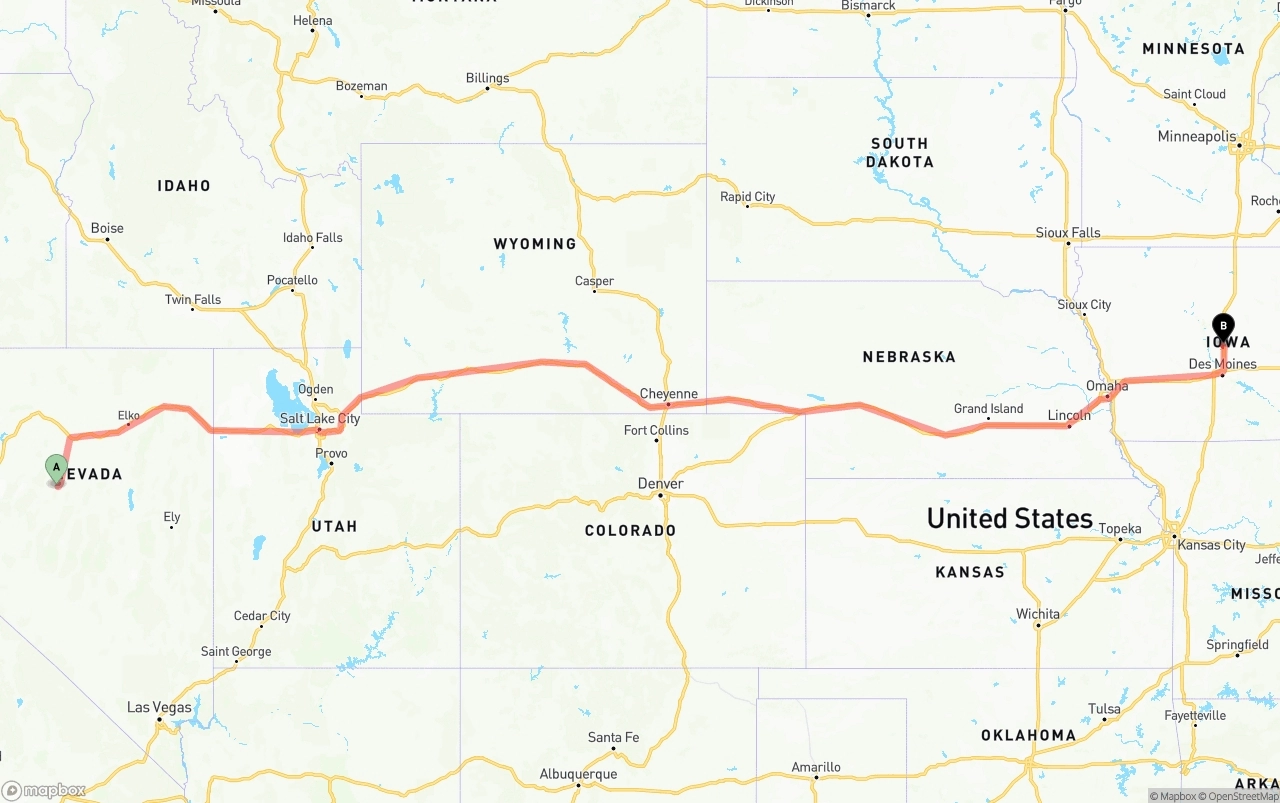 Shipping route from Nevada to Iowa