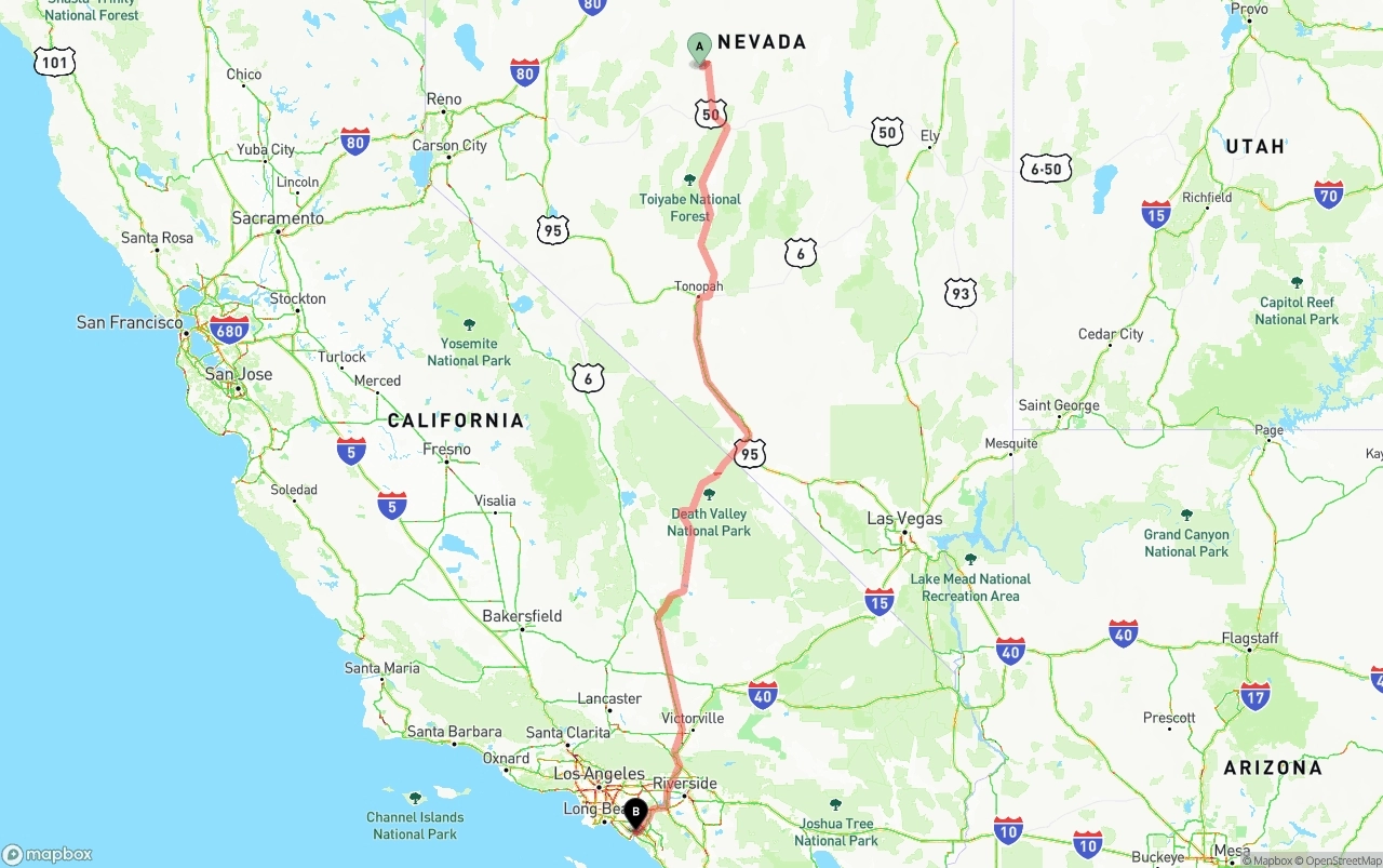 Shipping route from Nevada to John Wayne Airport — Orange County