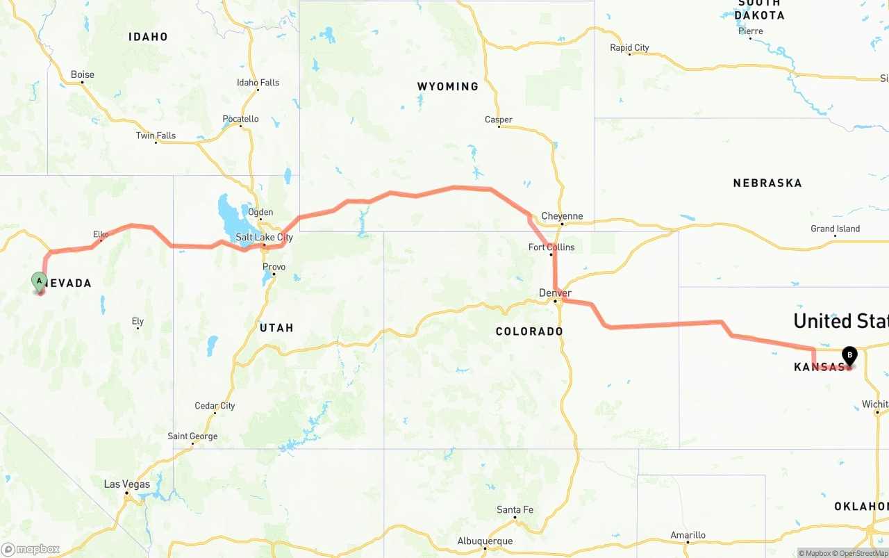 Shipping route from Nevada to Kansas