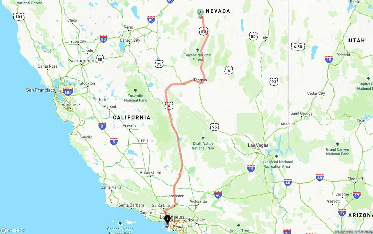 Shipping route from Nevada to Los Angeles International Airport