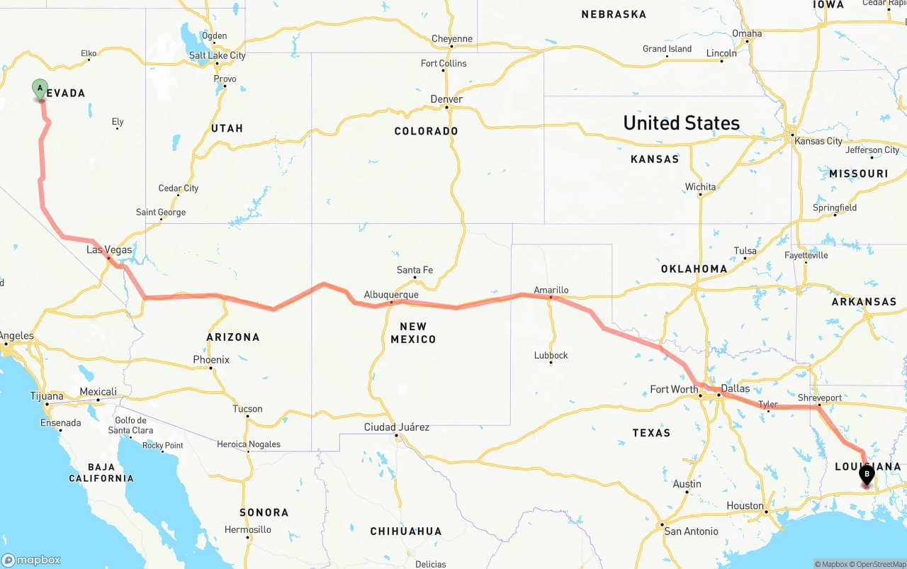 Shipping route from Nevada to Louisiana