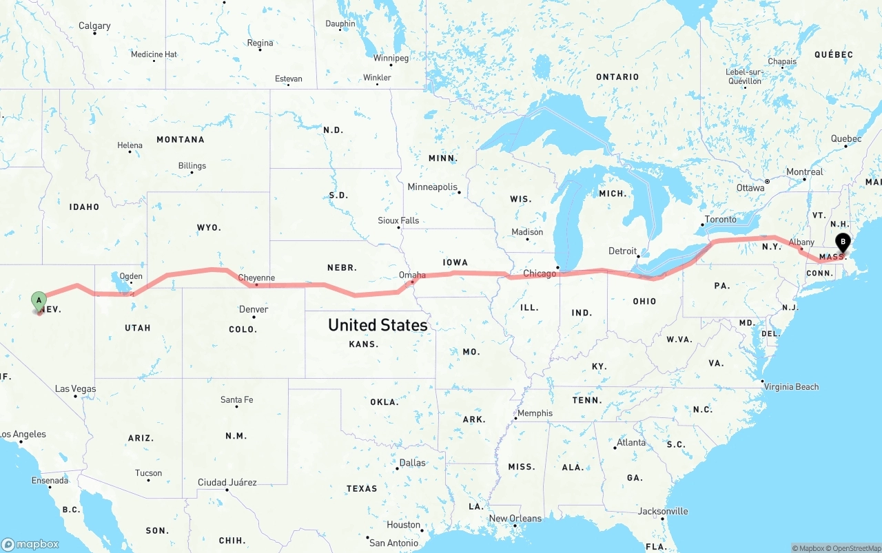 Shipping route from Nevada to Massachusetts