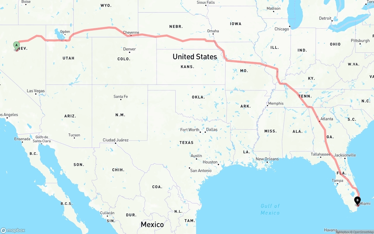 Shipping route from Nevada to Miami International Airport