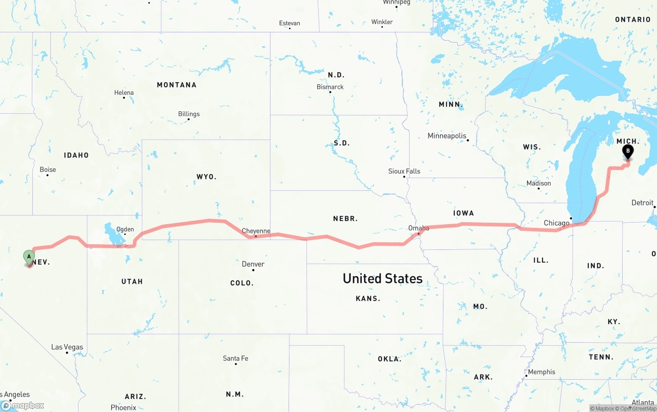 Shipping route from Nevada to Michigan