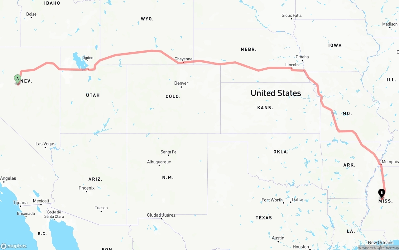Shipping route from Nevada to Mississippi