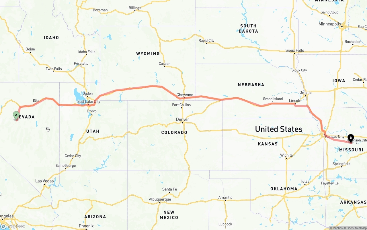 Shipping route from Nevada to Missouri