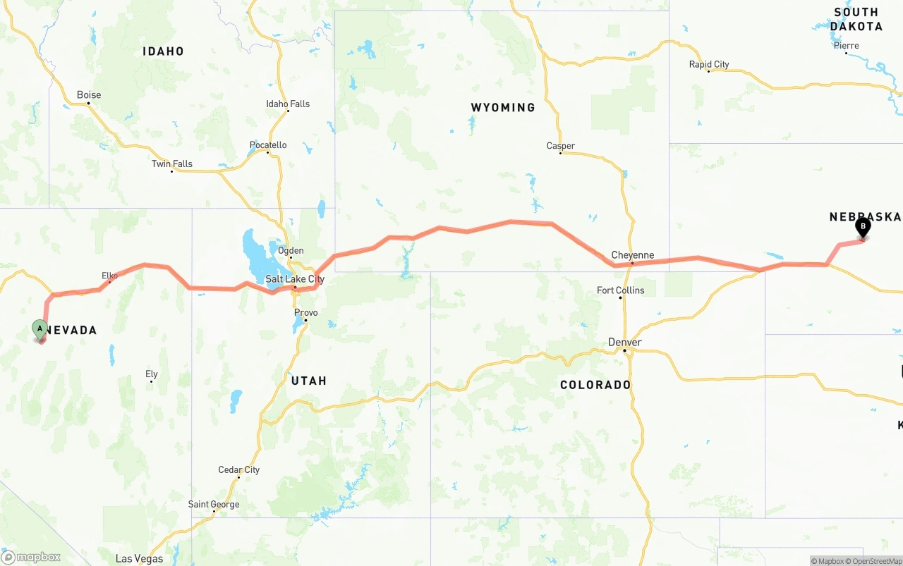 Shipping route from Nevada to Nebraska