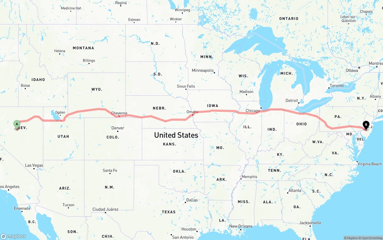 Shipping route from Nevada to New Jersey