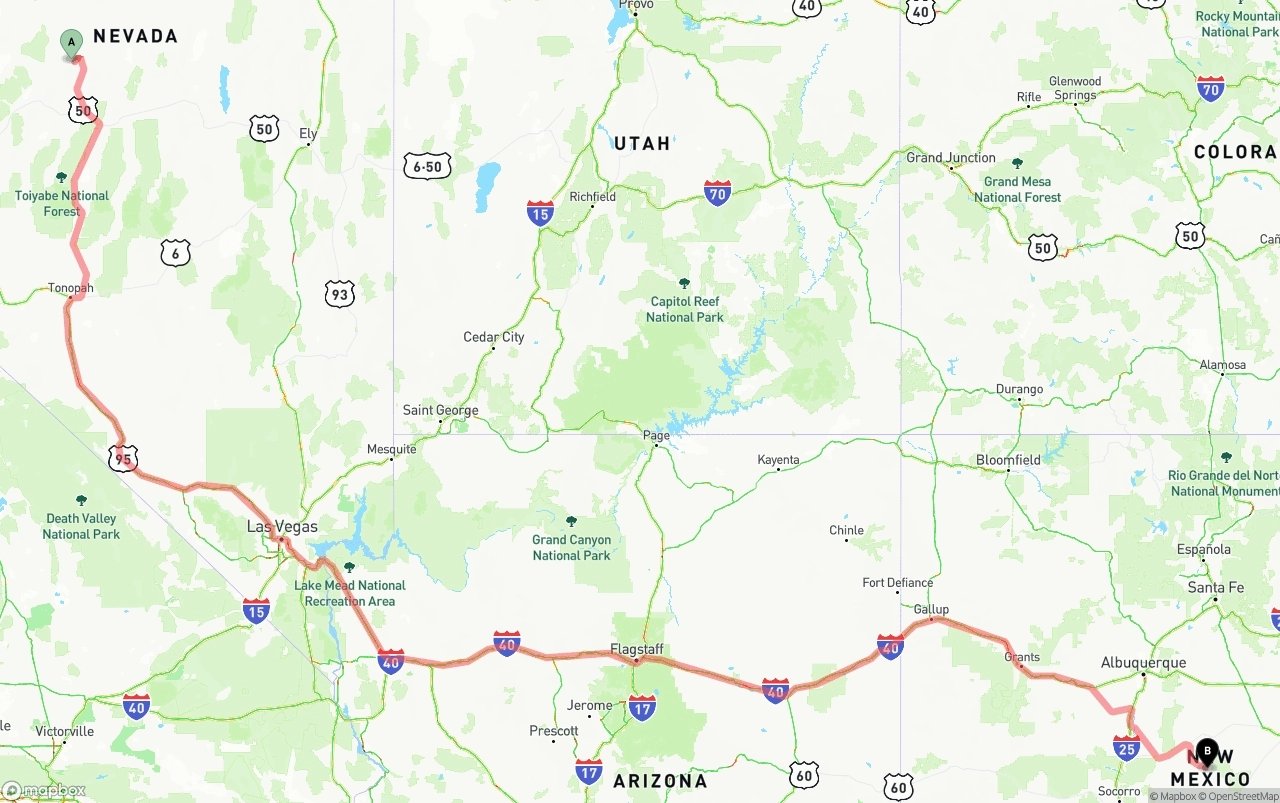 Shipping route from Nevada to New Mexico