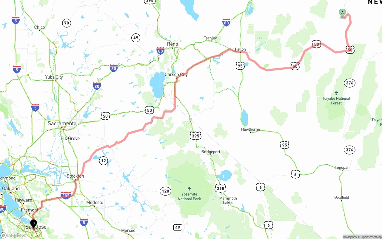 Shipping route from Nevada to Norman Y. Mineta San Jose International Airport