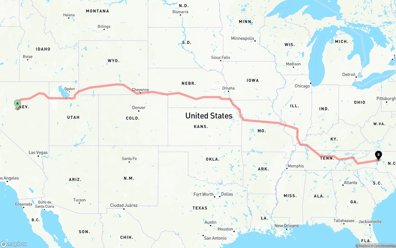 Shipping route from Nevada to North Carolina
