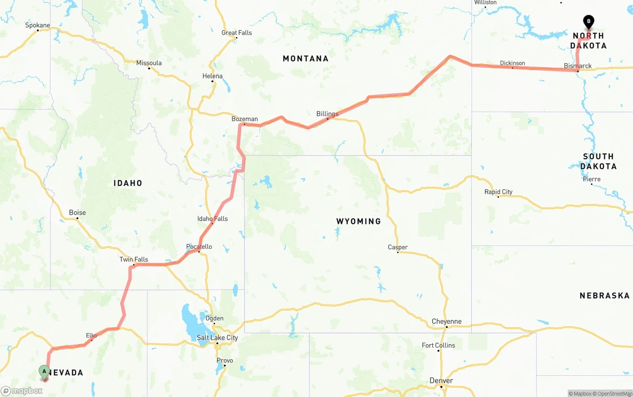 Shipping route from Nevada to North Dakota