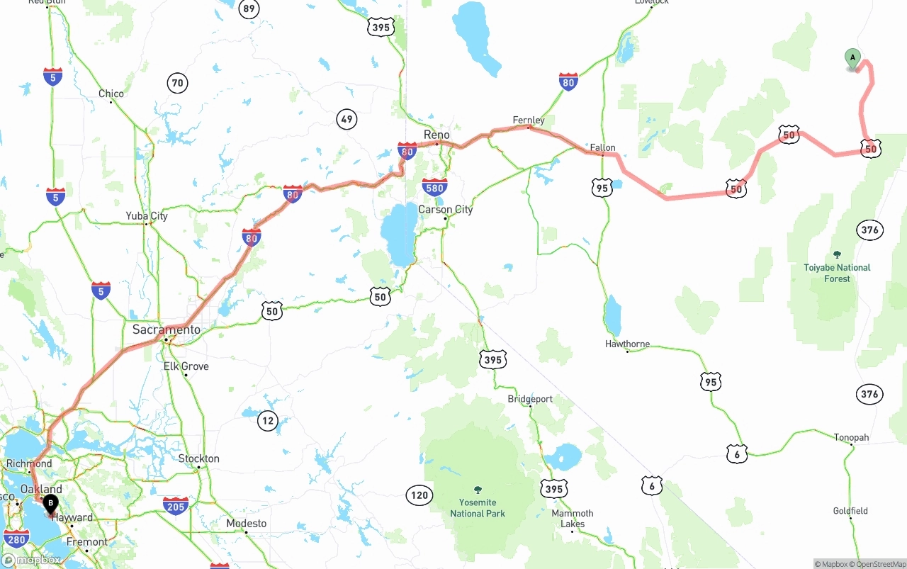Shipping route from Nevada to Oakland International Airport