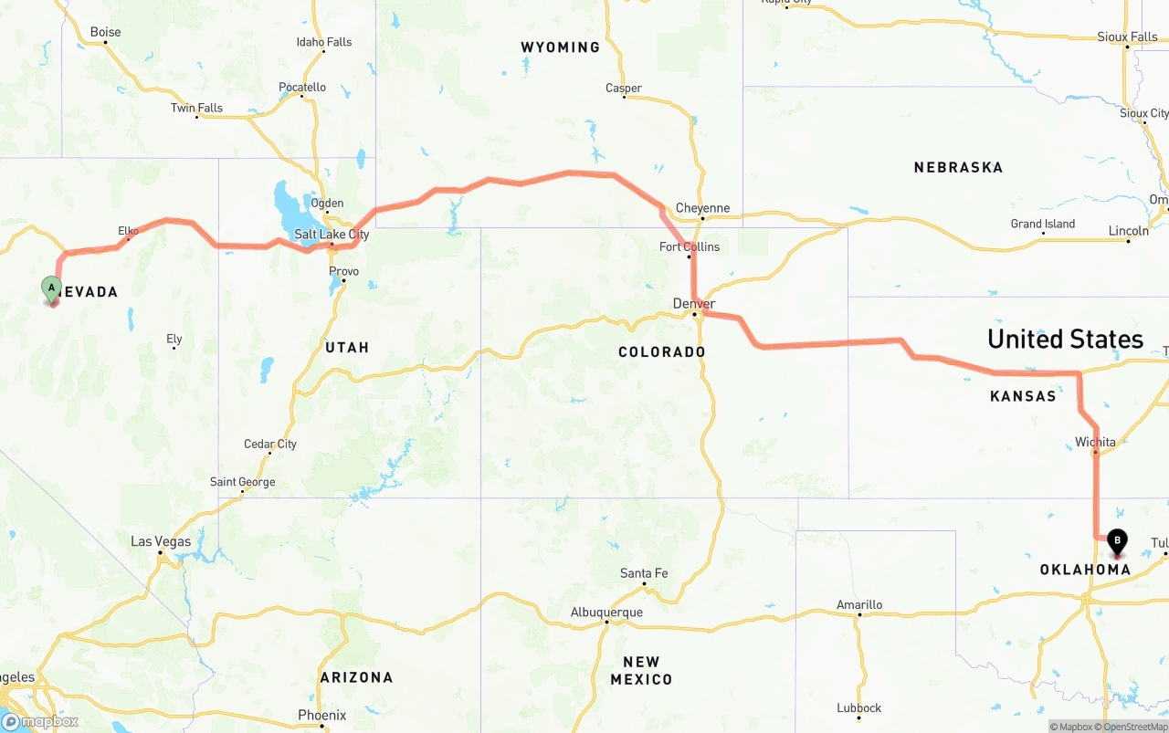 Shipping route from Nevada to Oklahoma