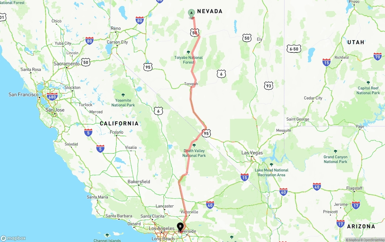 Shipping route from Nevada to Ontario International Airport