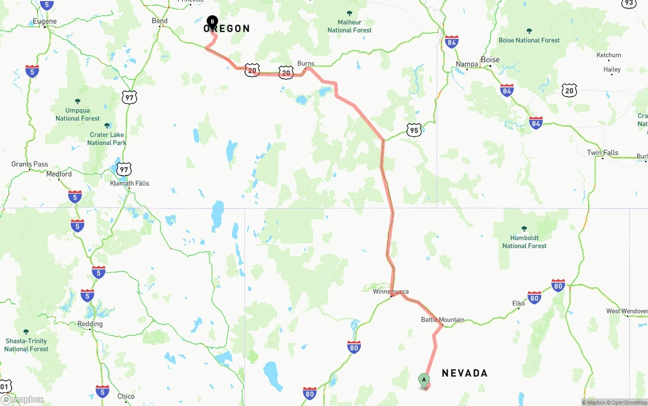 Shipping route from Nevada to Oregon