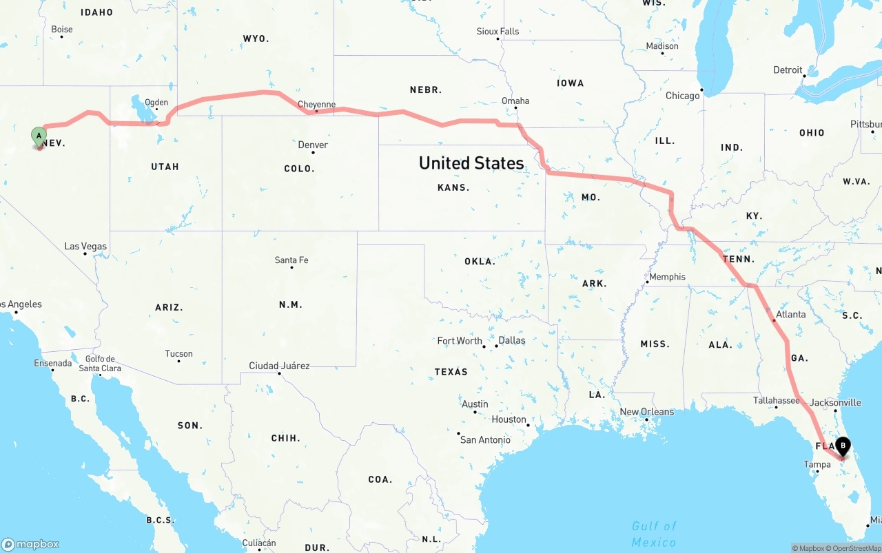 Shipping route from Nevada to Orlando International Airport