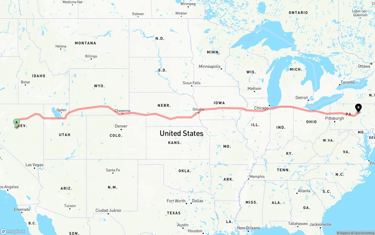 Shipping route from Nevada to Pennsylvania