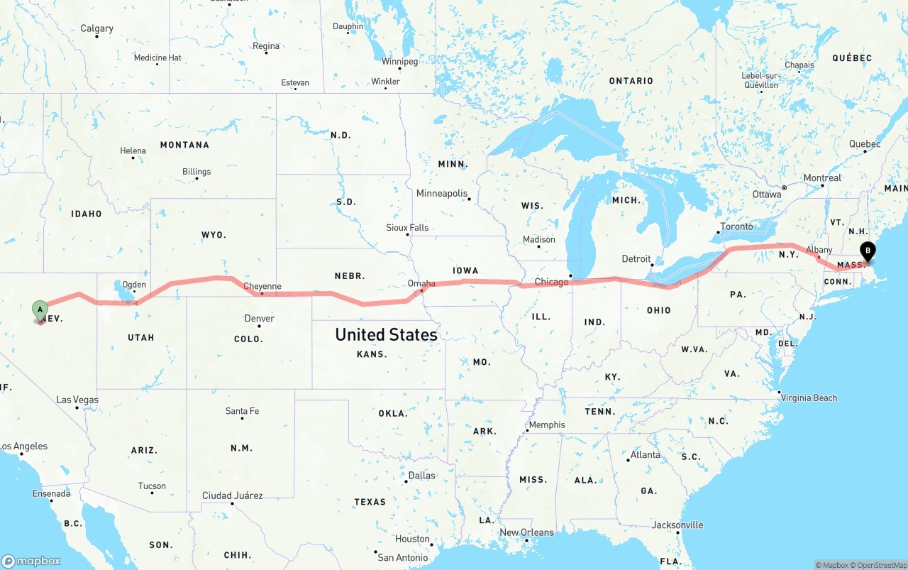 Shipping route from Nevada to Port of Boston