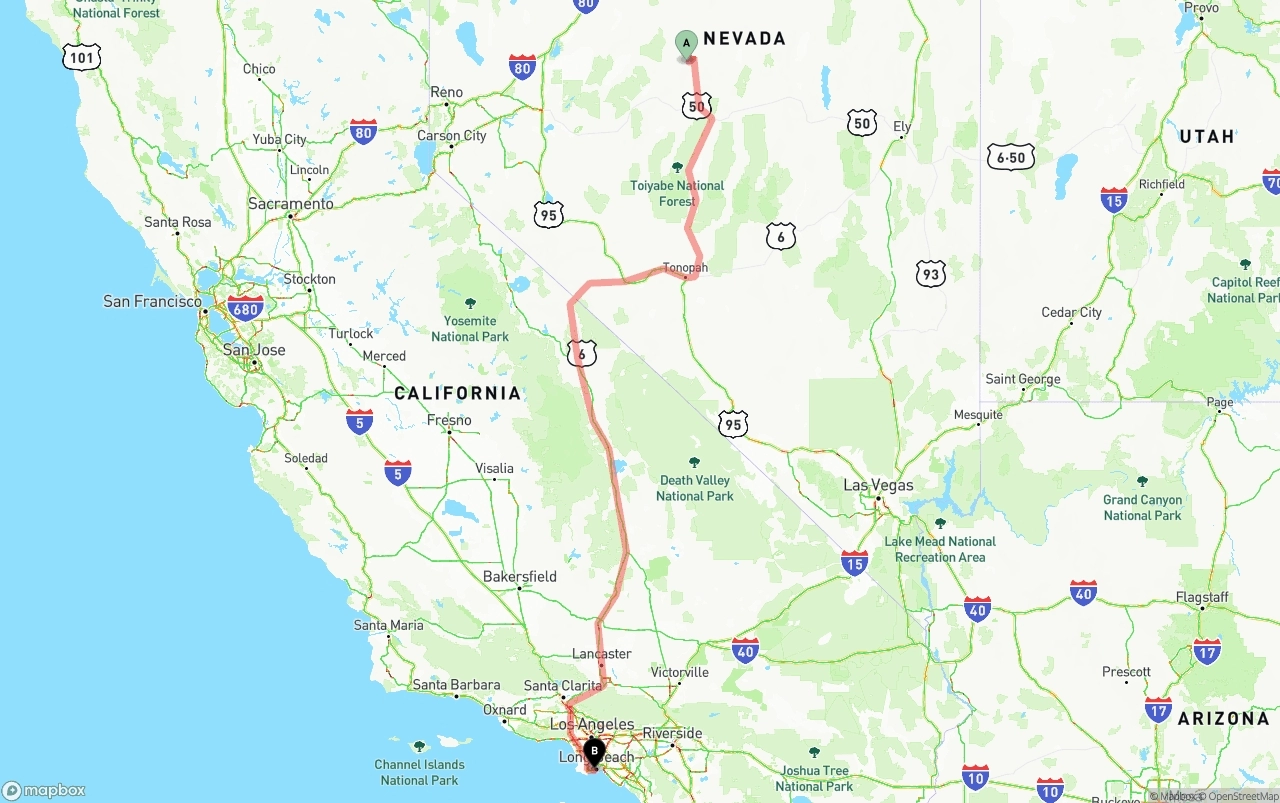 Shipping route from Nevada to Port of Long Beach
