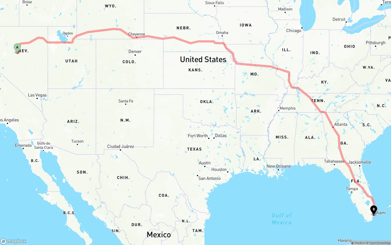 Shipping route from Nevada to Port of Miami