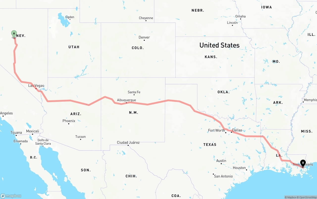 Shipping route from Nevada to Port of New Orleans