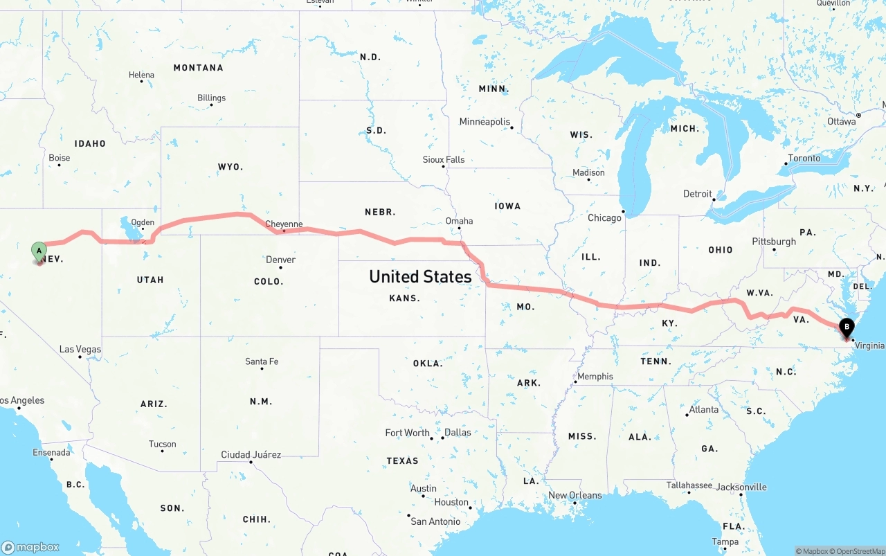 Shipping route from Nevada to Port of Norfolk