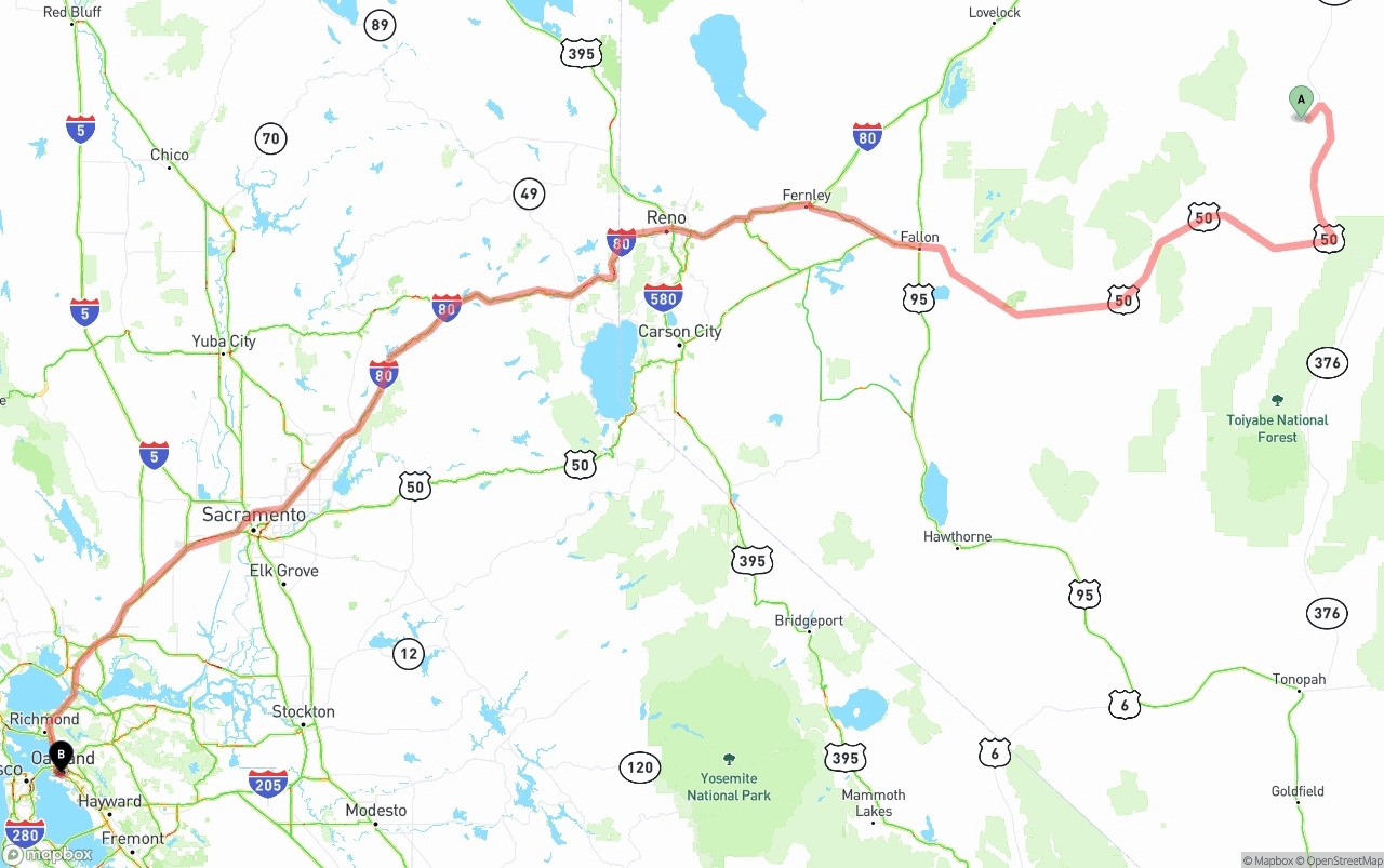 Shipping route from Nevada to Port of Oakland