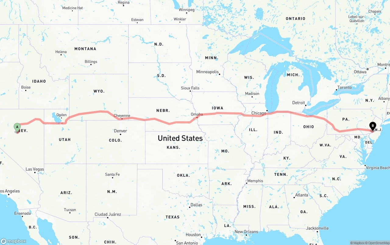 Shipping route from Nevada to Port of Philadelphia