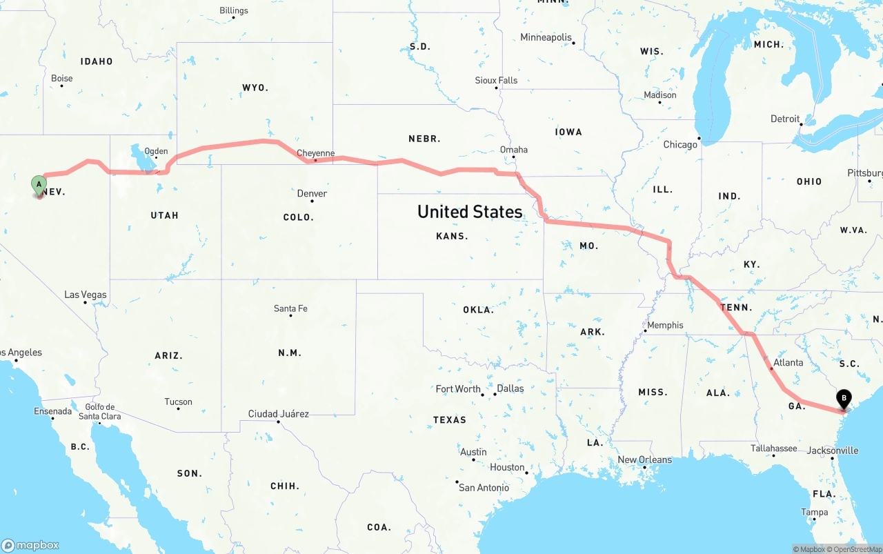 Shipping route from Nevada to Port of Savannah