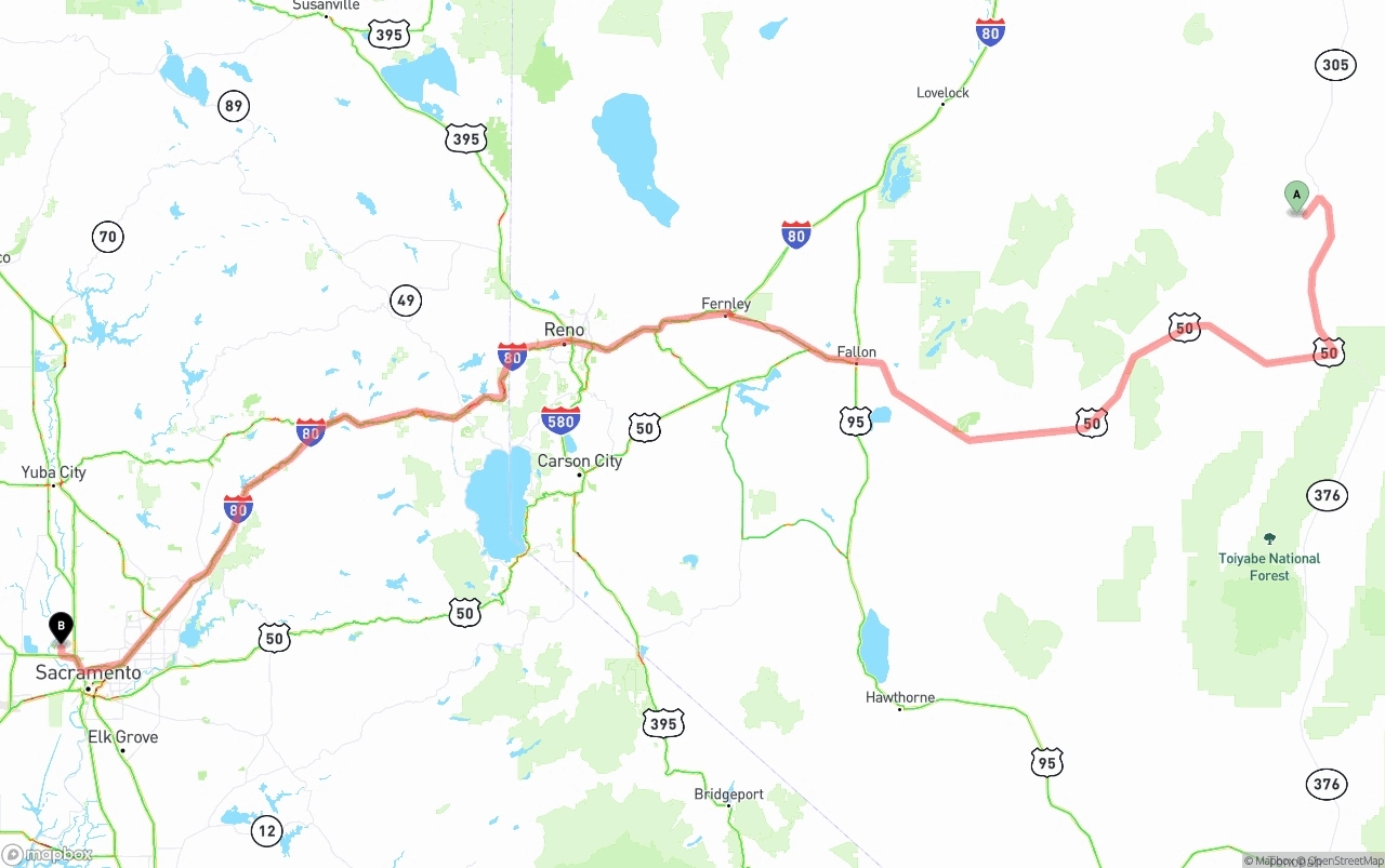 Shipping route from Nevada to Sacramento International Airport