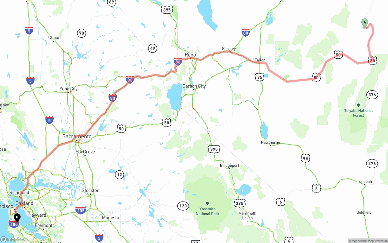 Shipping route from Nevada to San Francisco International Airport