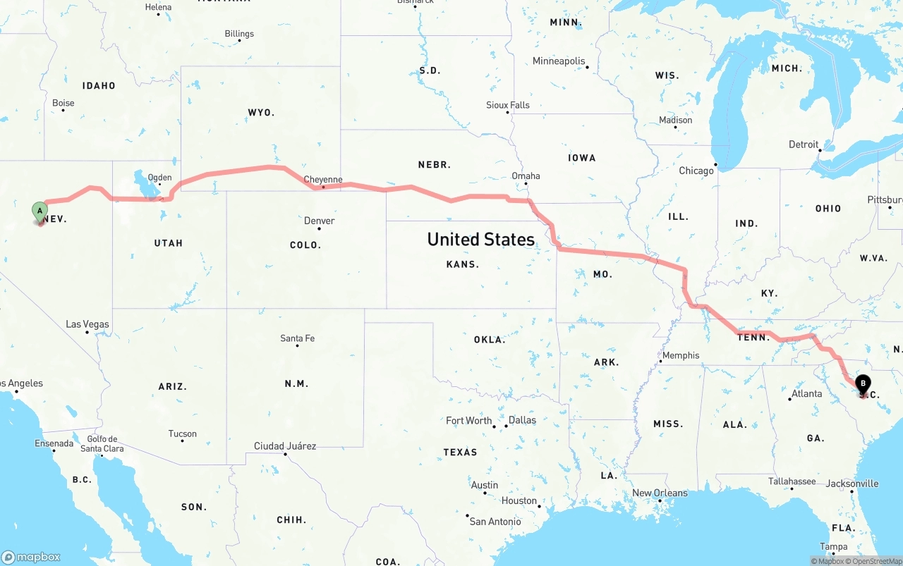 Shipping route from Nevada to South Carolina