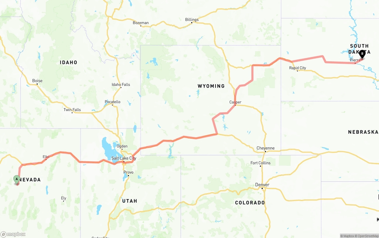 Shipping route from Nevada to South Dakota