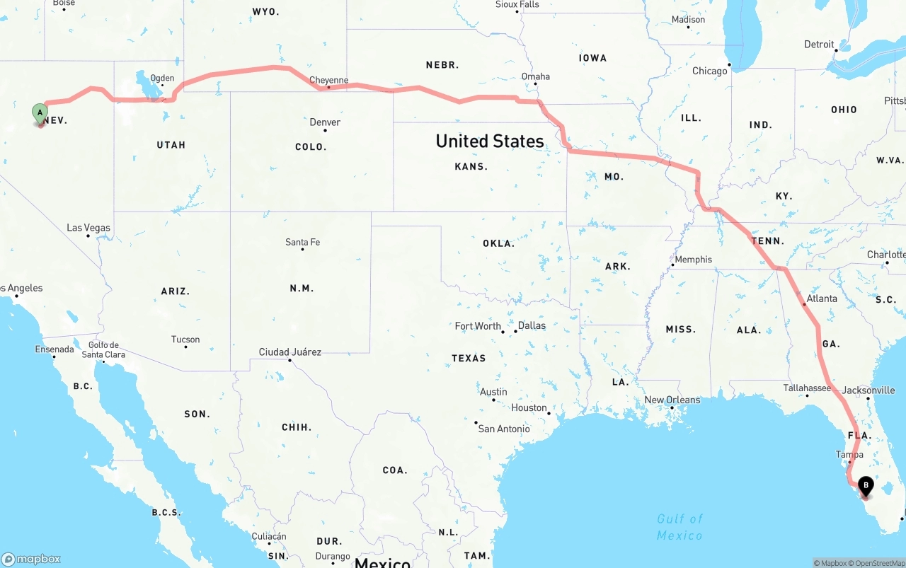 Shipping route from Nevada to Southwest Florida International Airport