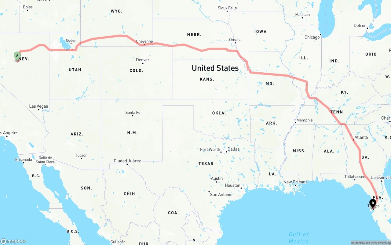 Shipping route from Nevada to Tampa International Airport
