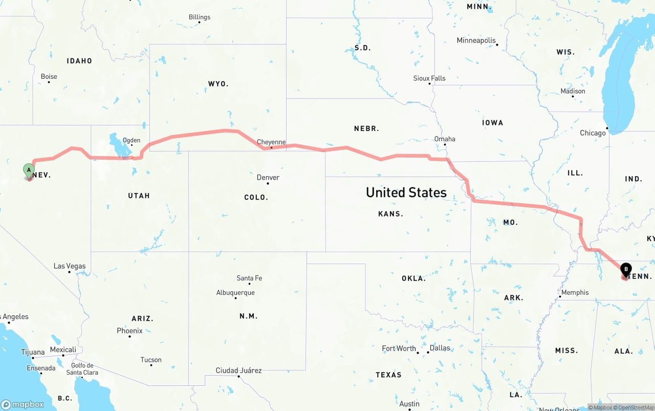 Shipping route from Nevada to Tennessee