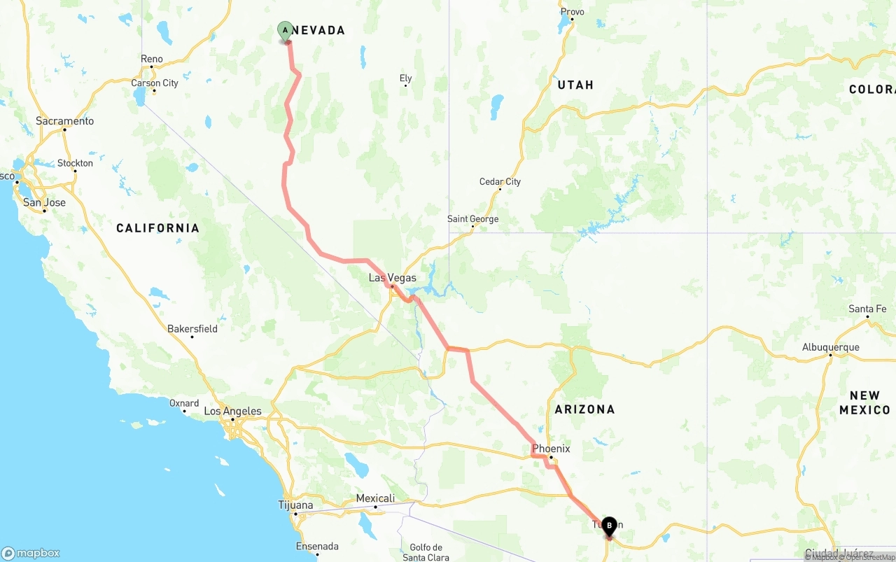 Shipping route from Nevada to Tucson International Airport