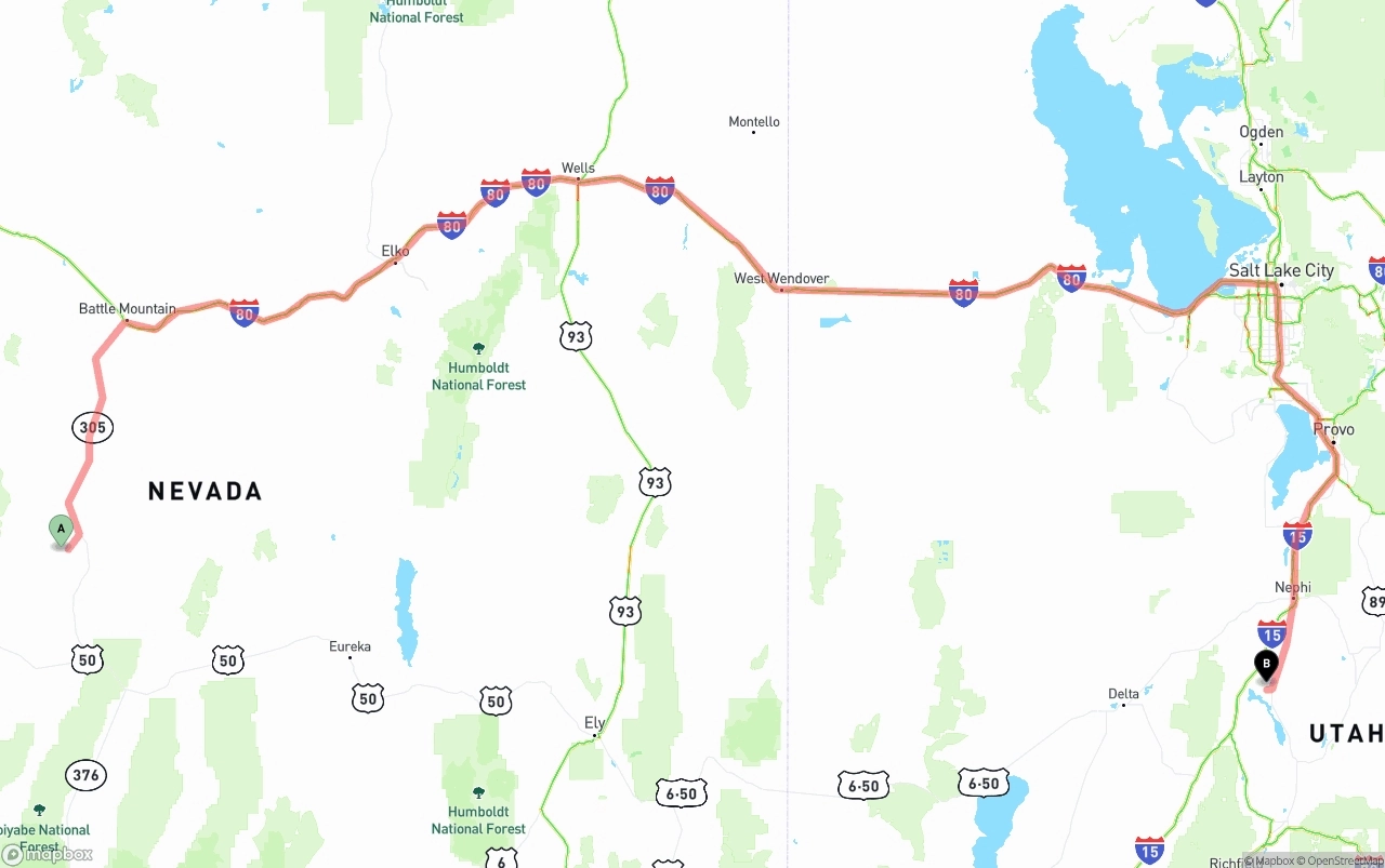 Shipping route from Nevada to Utah